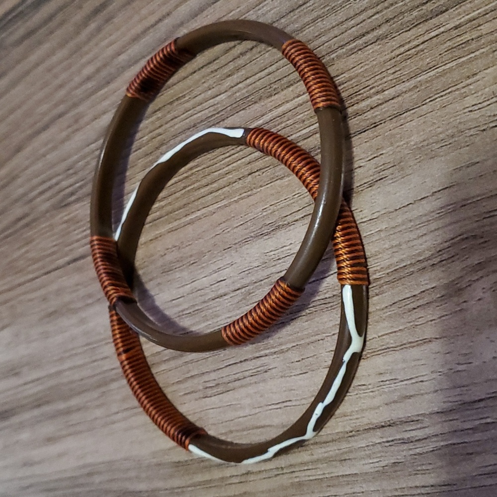 Brown wood and leather look bracelets
